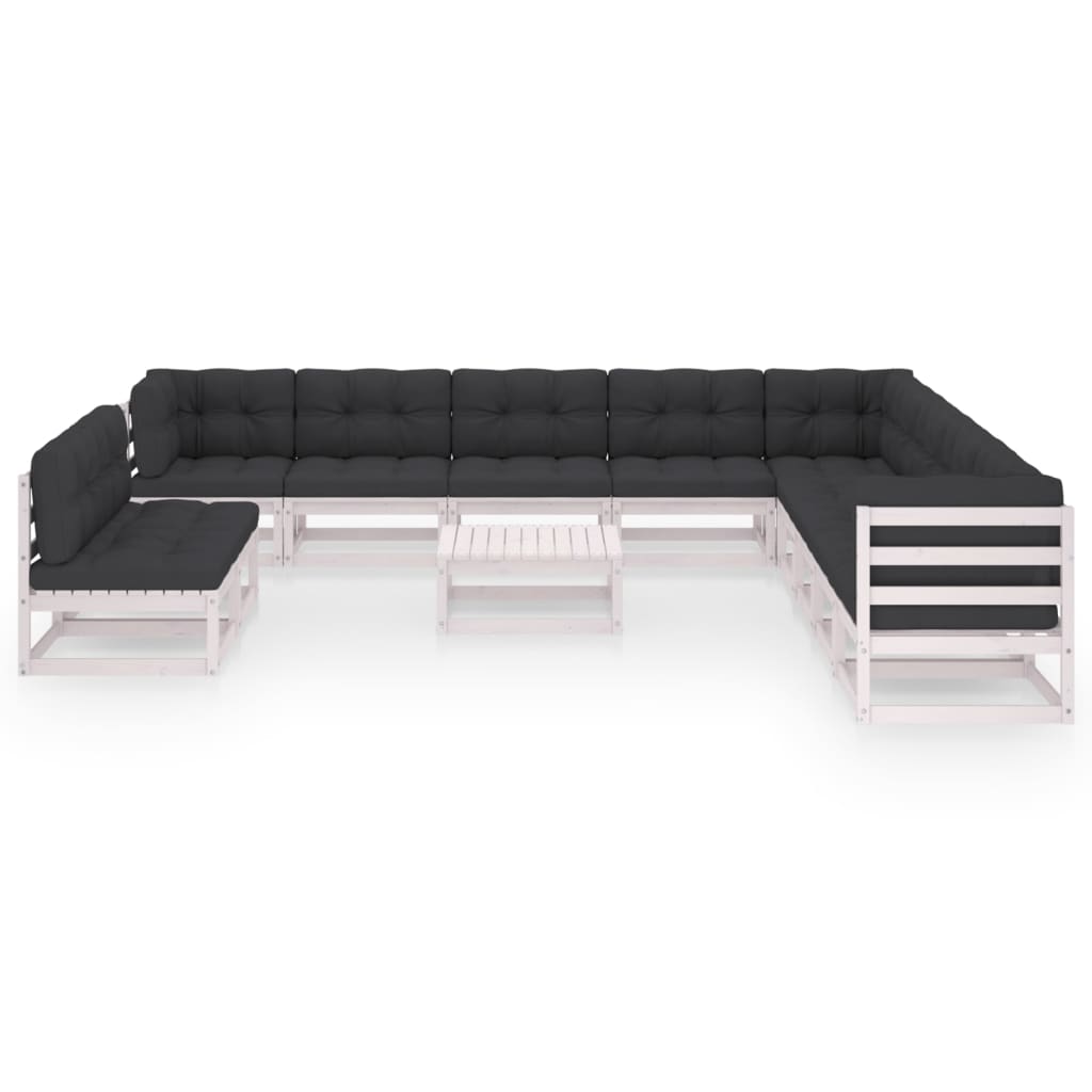 12-tlg. Garten-Lounge-Set mit Kissen Weiss Kiefer Massivholz